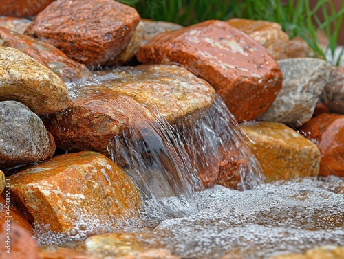 Water trickles over colorful stones, creating a miniature waterfall and a tranquil scene