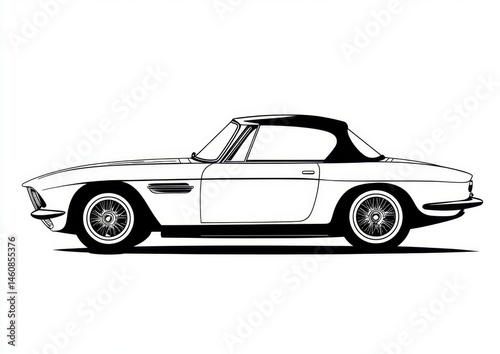 Side view of a classic convertible sports car, outlined in black.  Detailed rendering of a vintage automobile