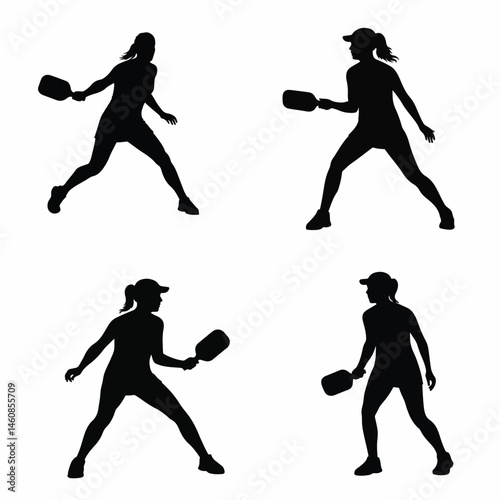 Silhouette Of Woman Playing Pickleball With Racket Active Sport Illustration