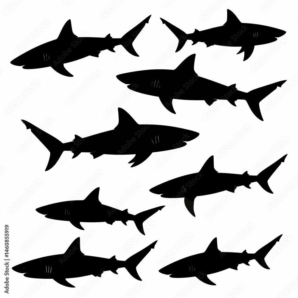 Fototapeta premium Silhouetted Sharks Swimming in Formation Against a White Background underwater predators ocean life marine animals wildlife conservation shark week sea creatures