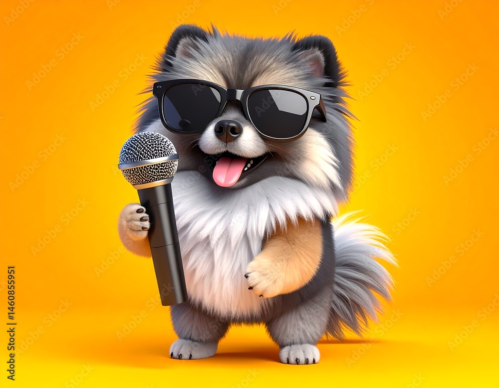 Fototapeta premium Cute Pomeranian Dog Singing with Microphone