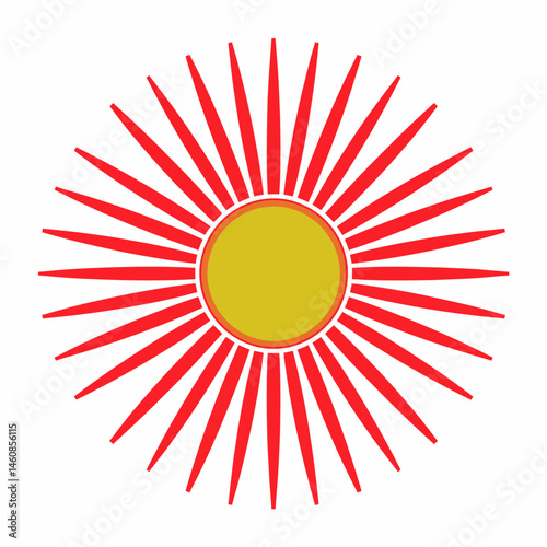 Stylized sun illustration with golden center and bright red rays radiating outward on white background for creative projects