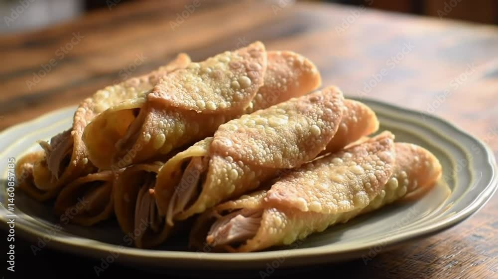 Golden Crispy Flautas De Pollo Stacked On Rustic Wooden Table Featuring Savory Chicken Filling in a Still Life Composition with Warm Tones and Natural Light Golden Crispy Flautas De Pollo Stacked On Rustic Wooden Table Featuring Savory Chicken Filling in a Still Life Composition with Warm Tones and Natural Light