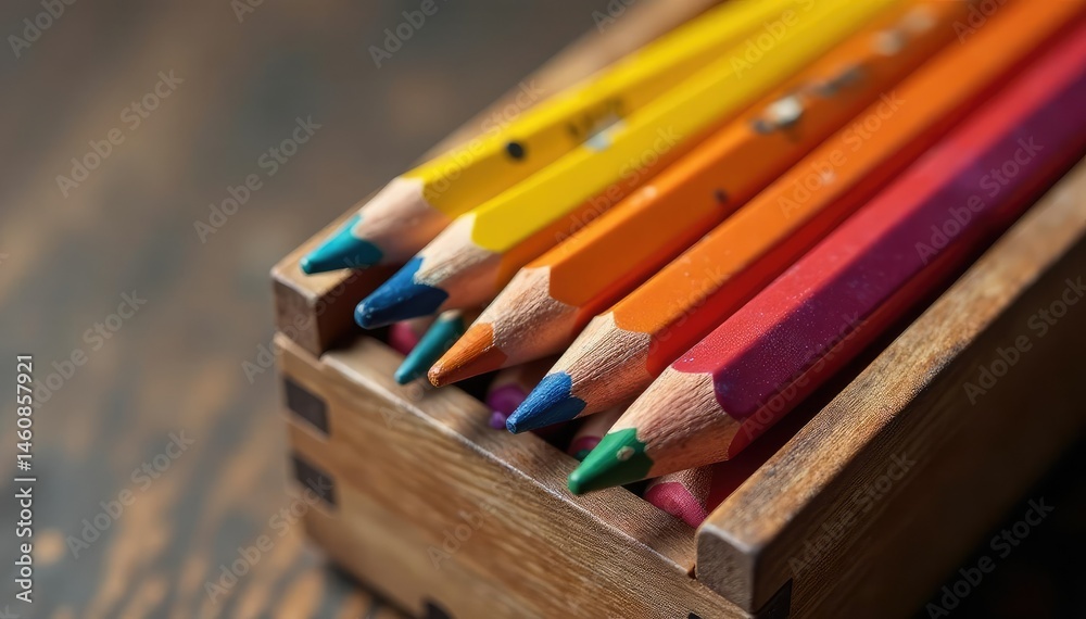 Fototapeta premium Assorted colored pencils in a wooden box, sharpened and ready for use , design, school supplies