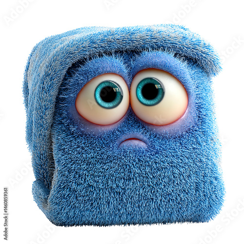 Sad Blue Fuzzy Creature Wrapped in a Towel