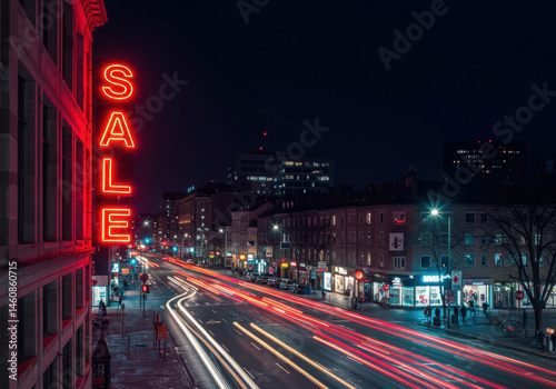 City street at night, cars passing by buildings.