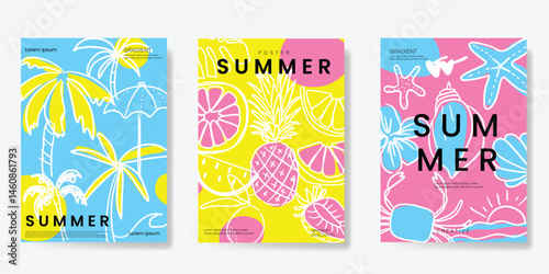 Summer doodle hand drawn poster background vector set. Colorful abstract wallpaper with coconut tree, lemon, pineapple. Happy summertime illustration design for greeting card, drink menu, beverages.