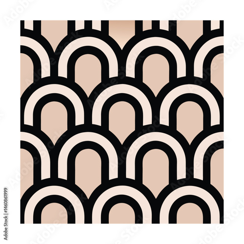 Geometric repeating pattern with a vintage aesthetic featuring arches and bold contrasting colors.
