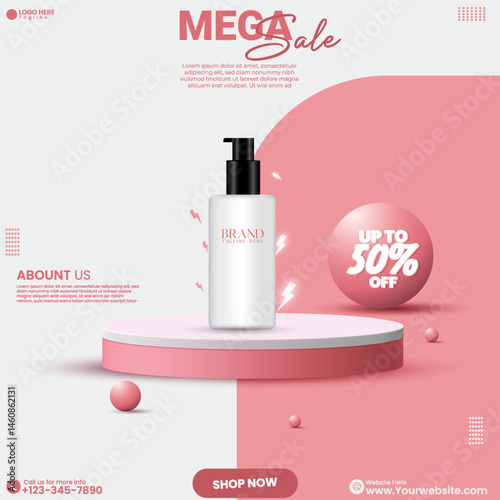Realistic product sale podium background design vector. Cosmetics product ads design. Social media product sale advertisement cosmetic poster design with 3D rendered podium and pink gradient color. 
