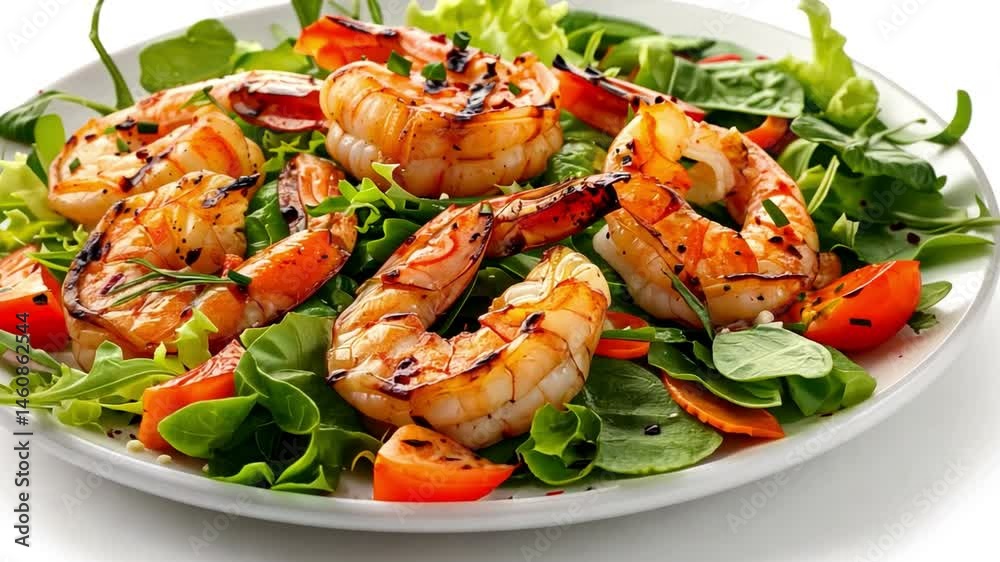 Fresh and vibrant grilled shrimp salad with healthy greens, colorful tomatoes, and delightful combination of flavors makes for perfect seafood meal option. Fresh and vibrant grilled shrimp salad with healthy greens, colorful tomatoes, and delightful combination of flavors makes for perfect seafood meal option.