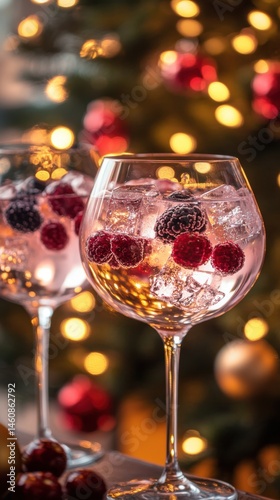 Festive gin tonic with berries and ice cubes against a backdrop of Christmas lights holiday cheer celebration