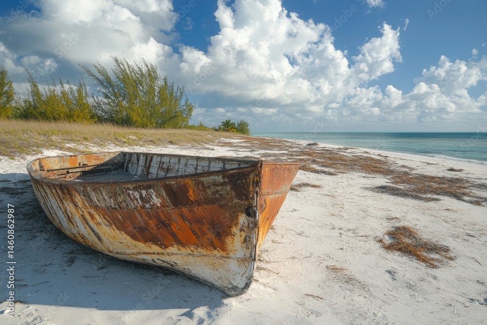 Rusty boat on a pristine beach under a partly cloudy sky Rusty boat on a pristine beach under a partly cloudy sky