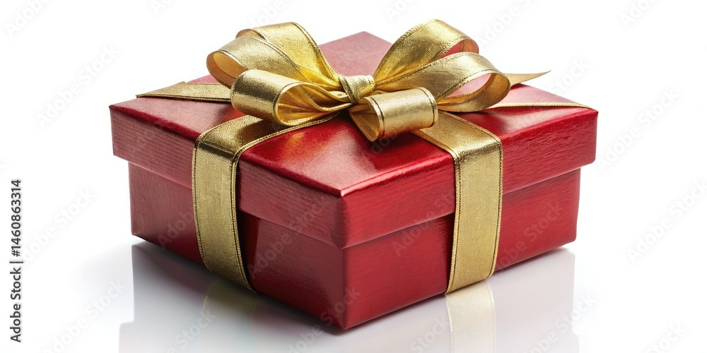 Obraz premium Elegant Red Gift Box with Golden Bow - Christmas Holiday Birthday Anniversary Present