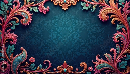 Intricate paisley swirls in jewel tones on damask background, floral, jewel tones, elegant