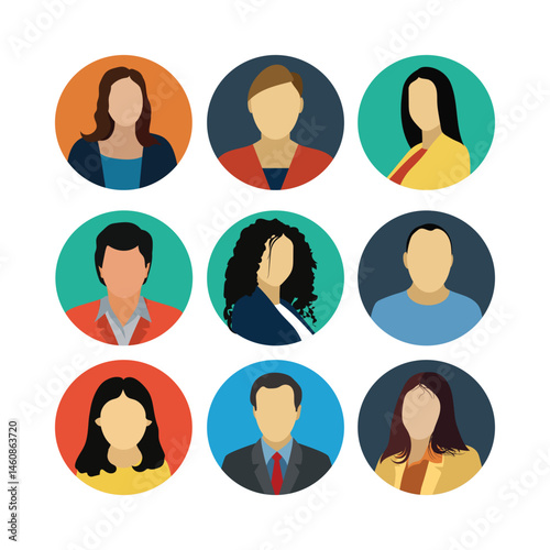 Diverse People Avatars Set,Flat Vector Icons,User Profiles,Round Portraits,Multicultural Team