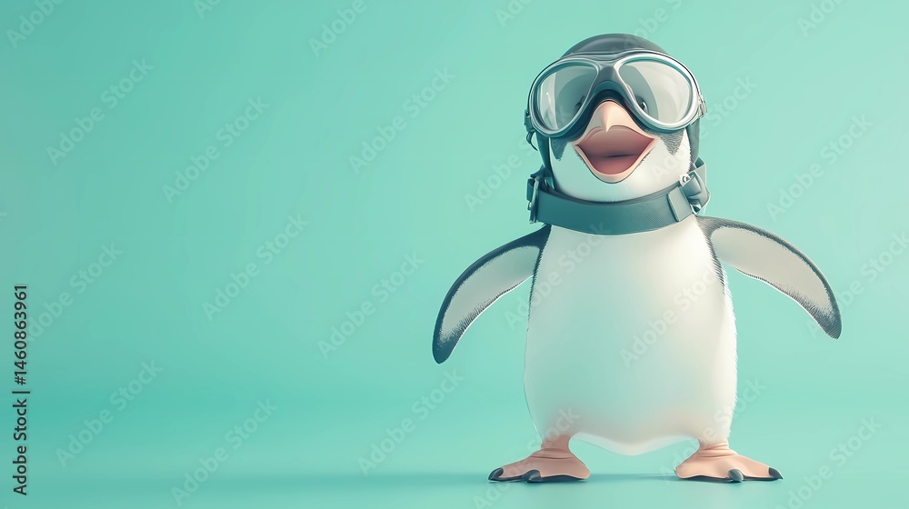 Fototapeta premium Enthusiastic penguin character in pilot jumpsuit, flight helmet under flipper, excited expression, ready for takeoff pose, navigation charts visible, soft pastel green background