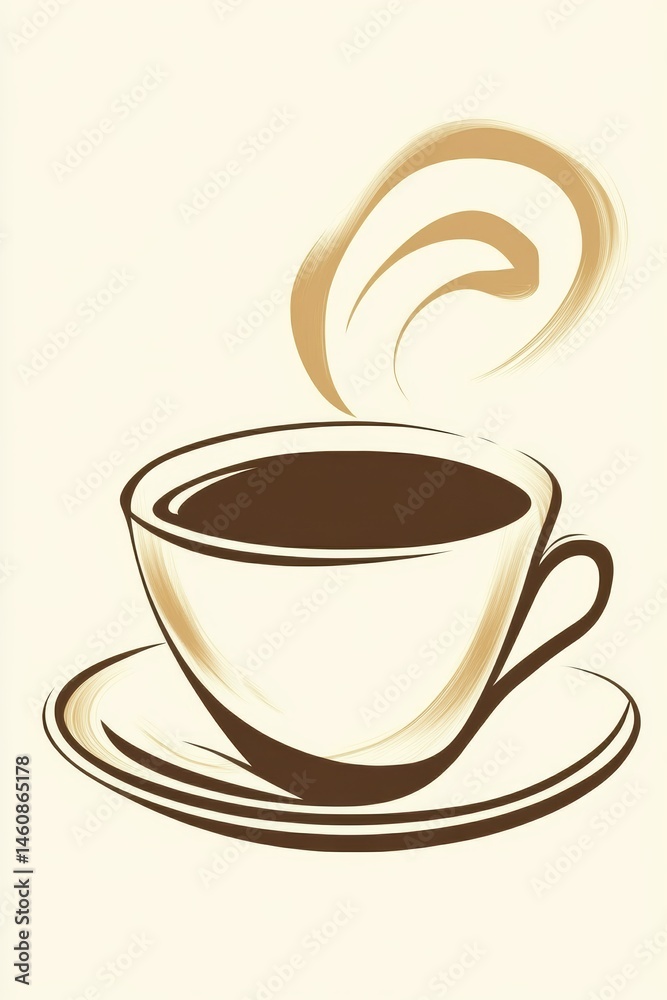 Steaming Coffee Cup Illustration on Beige Background Graphic Design Style Coffee Break Refreshment Cafe Aroma