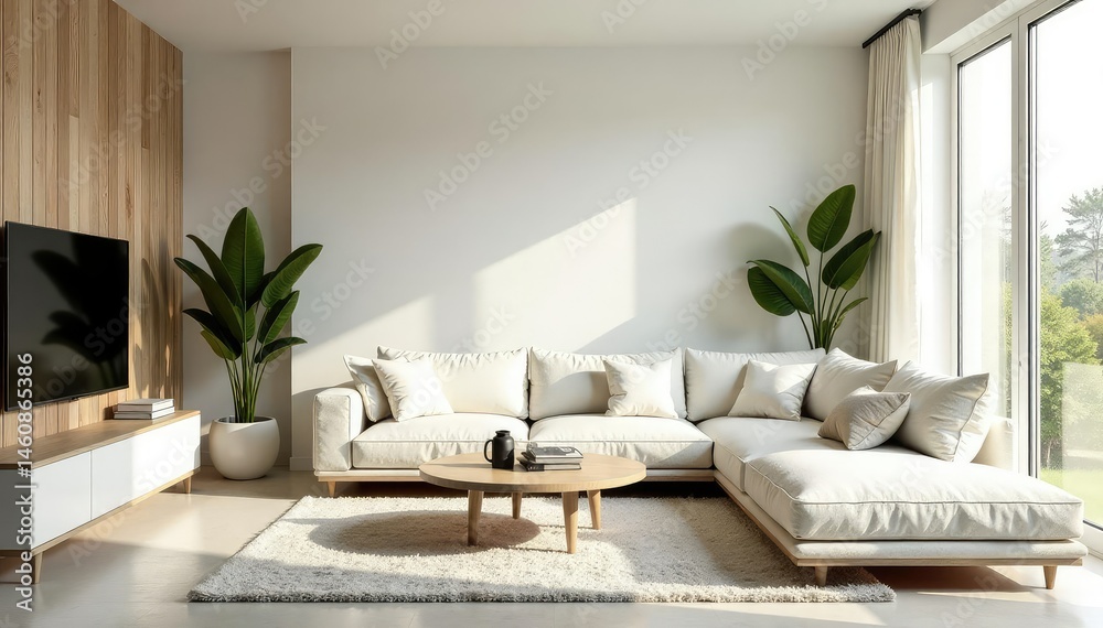 Fototapeta premium Serene minimalist living room with simple furniture and natural light Neutral tones, clean lines , interior design, furniture