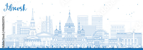 Outline Izhevsk Russia city skyline with blue buildings. Izhevsk cityscape with landmarks. Business travel and tourism concept with modern and historic architecture.