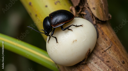 A Coconut rhinoceros beetle( Oryctes Rhinoceros ) sitting on the pupa . it is insect pests to destroy coconut tree .