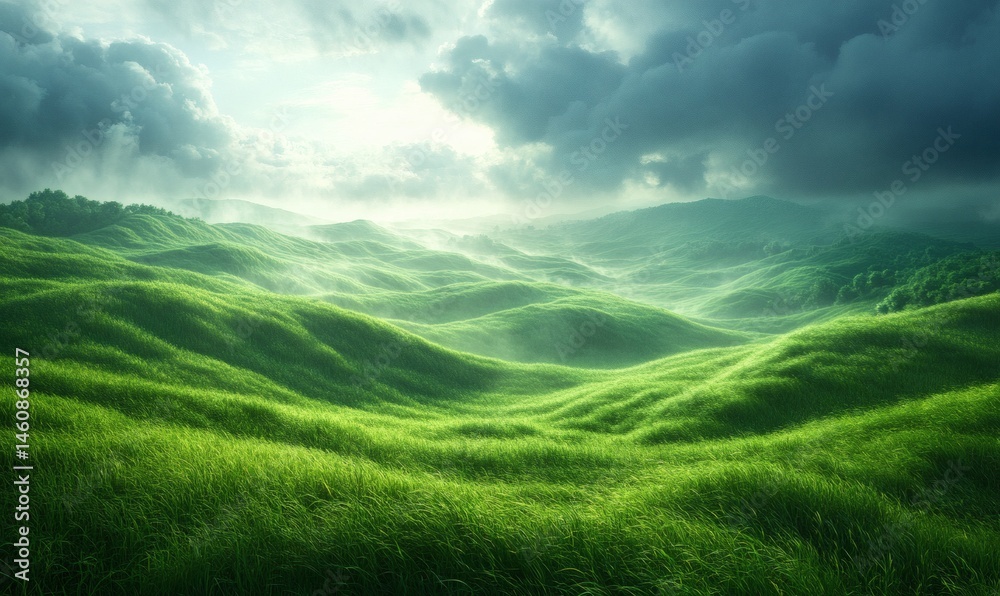 Fototapeta premium Expansive green grassland under overcast sky showing undulating natural texture wind movement and isolated field pattern in nature landscape photography view, 