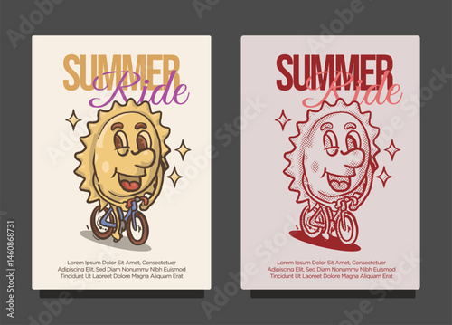 smile sun funky mascot ride road bike for summer cycling ride concept. vintage style sun cartoon mascot vector illustration