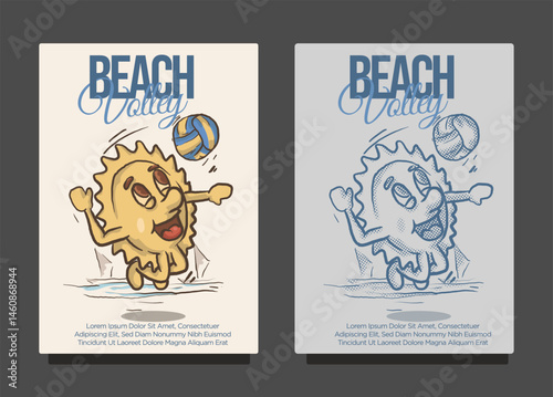 smile sun funky mascot smasing volley ball ath the beach for beach volley concept. vintage style sun cartoon mascot vector illustration photo
