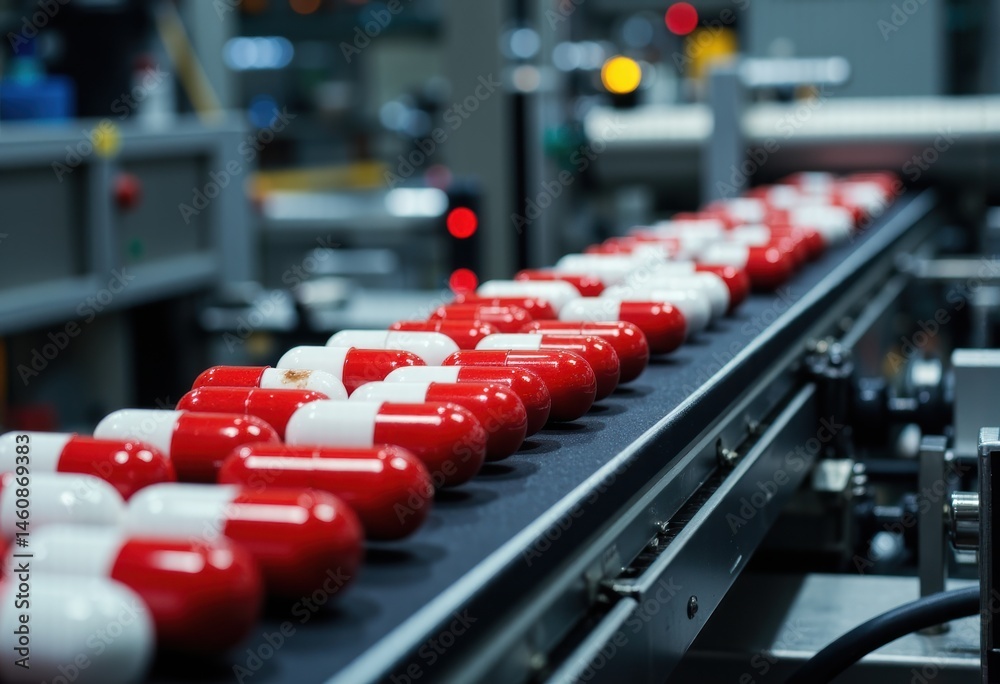 Fototapeta premium Red and white capsules on a conveyor belt in a pharmaceutical factory