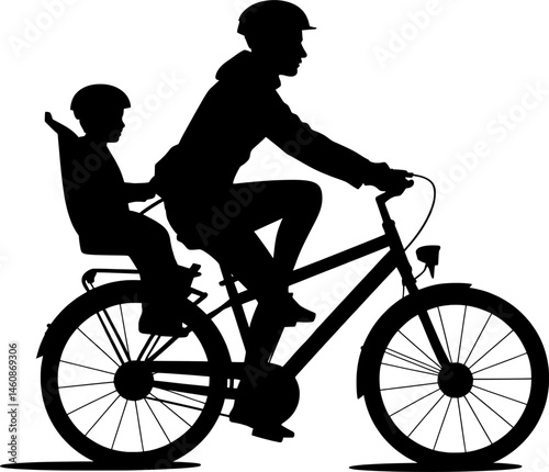 Silhouette of a person riding a city bicycle with a child in the rear seat, both wearing helmets, clean white background