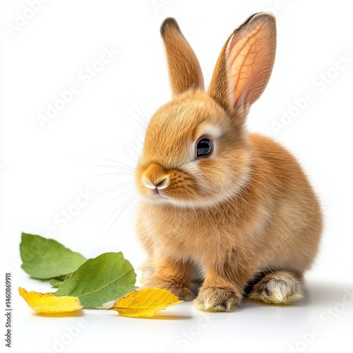 Adorable bunny rabbit sitting pretty studio shot with autumn leaves on white background close up