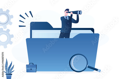 Businessman or male clerk opened folder and uses binoculars to see online data or paper documents. Organization of storage and searching files