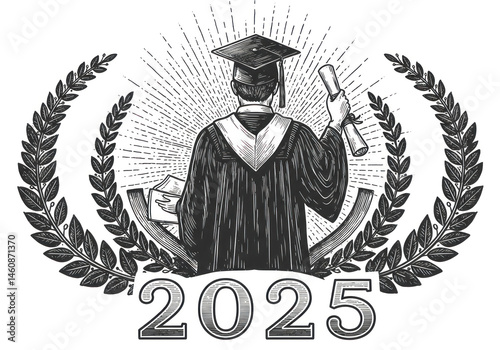 Graduate in laurel wreath with graduation emblem.