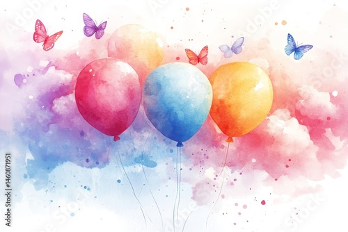 dreamy watercolor painting of floating balloons adorned with butterflies and soft clouds, radiating joyful energy, Generative AI