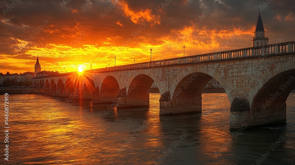 Dramatic sunset over a stone arch bridge. Dramatic sunset over a stone arch bridge.