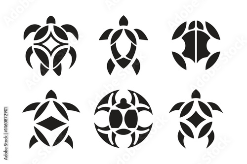 Tribal Turtle Logo Set – Abstract Sea Turtle Vector Icons in Black Silhouette Style