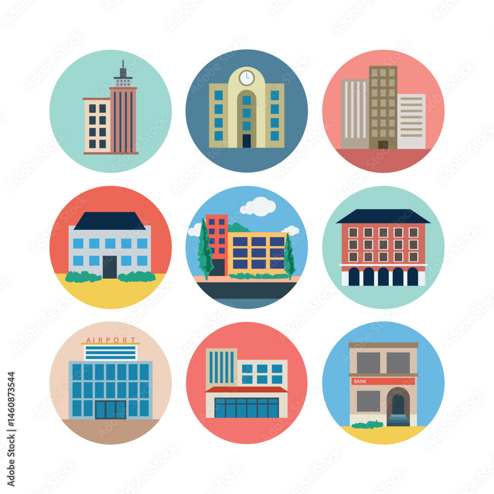 Buildings Icons Set Flat Design Colorful Buildings Set Isolated On White City Infrastructure Buildings Icons Set Flat Design Colorful Buildings Set Isolated On White City Infrastructure