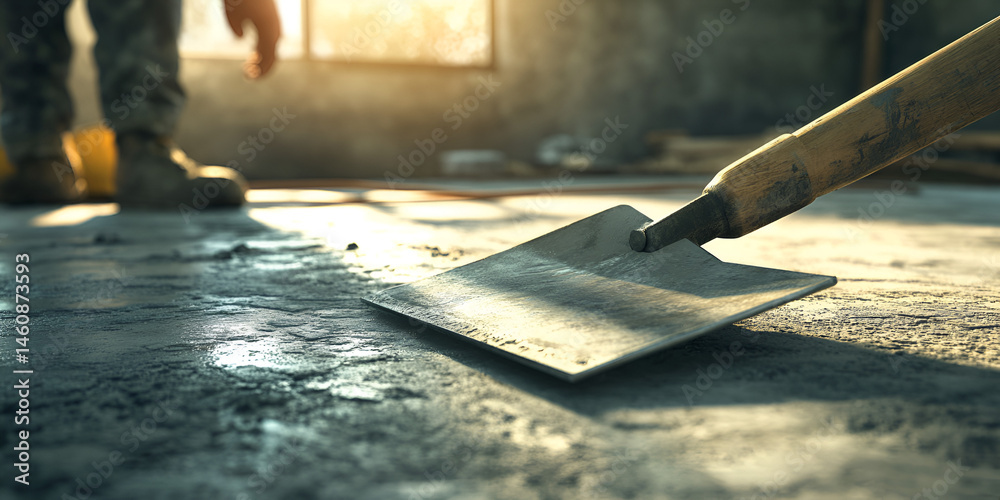 Worker Using Trowel on Wet Cement During Construction at Sunset