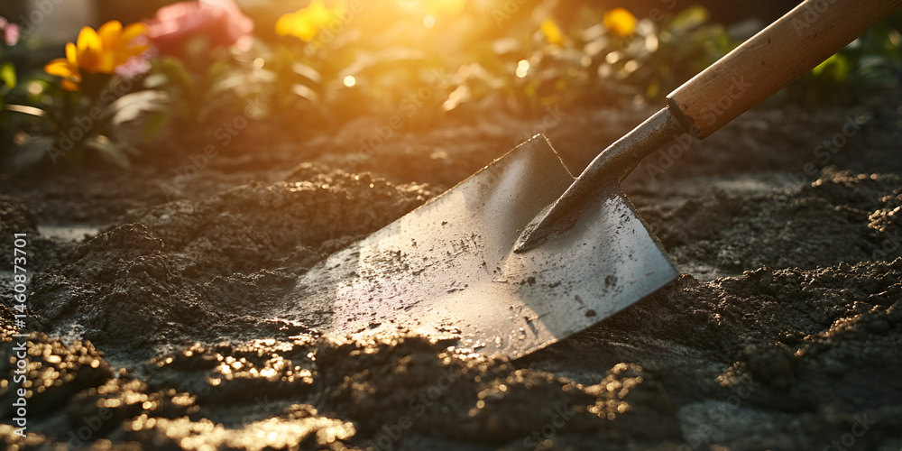Garden Trowel in Fresh Soil with Flowers in Background at Sunset
