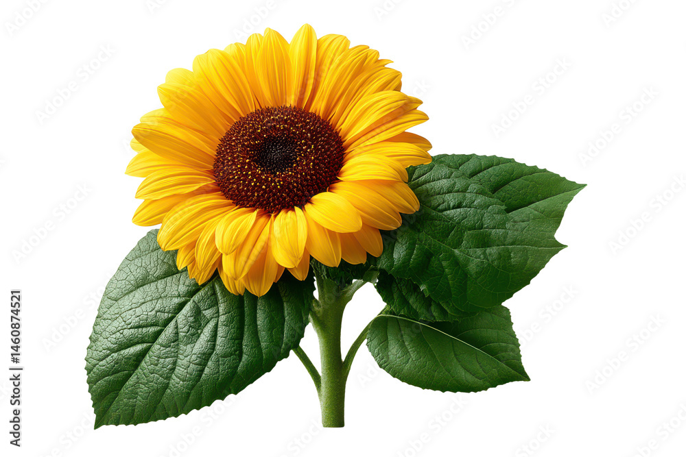 Obraz premium Sunflower with green leaves and bud isolated on transparent background