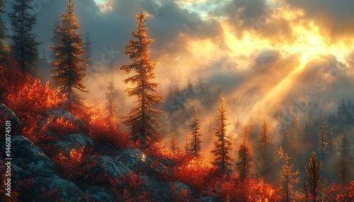 Sunlit autumnal mountain forest