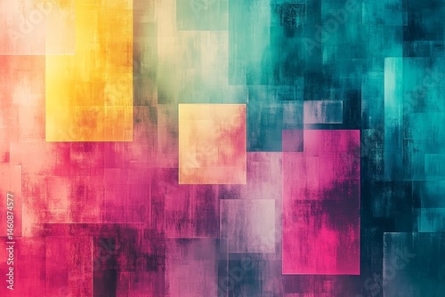 Pixelated square patterns with glitch textures, blending shades of teal, magenta, and yellow for a striking visual effect, Generative AI