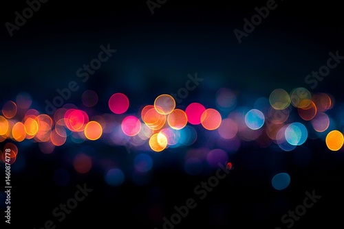 Vibrant bokeh lights in warm hues, glowing like fireflies against a deep black sky, perfect for abstract and celebratory visuals, Generative AI