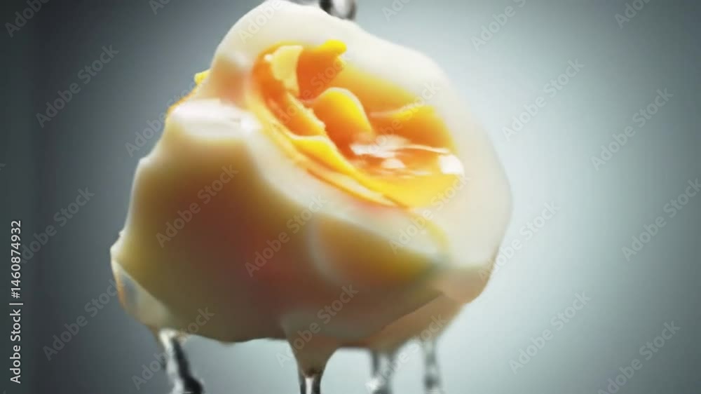 Halved Hard Boiled Egg under Running Water with Light Gray Background Featuring Orange Yolk Details Perfect for Food Content and Healthy Eating Concepts High Angle Close Up