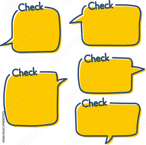 Checkの文字が入った紺とオレンジのシンプルでかわいい吹き出しイラスト