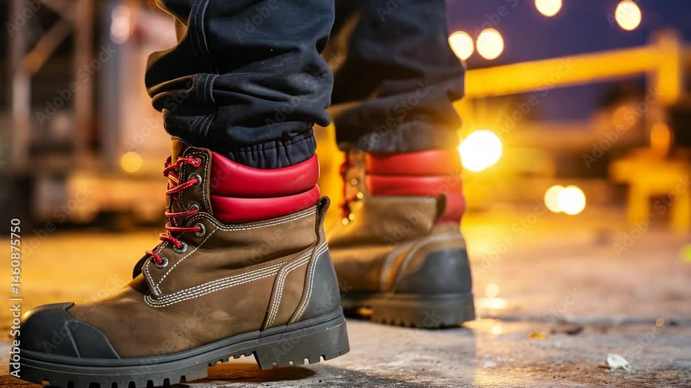 Close-up shows person wearing durable work boots and dark pants standing construction site at night with blurred