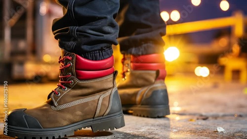 Close-up shows person wearing durable work boots and dark pants standing construction site at night with blurred