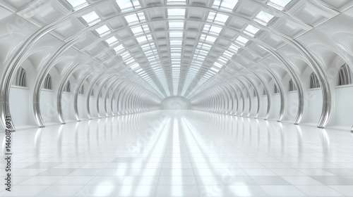 Modern Architecture  Clean White Corridor  Geometric Design  Futuristic Tunnel  3D Render
