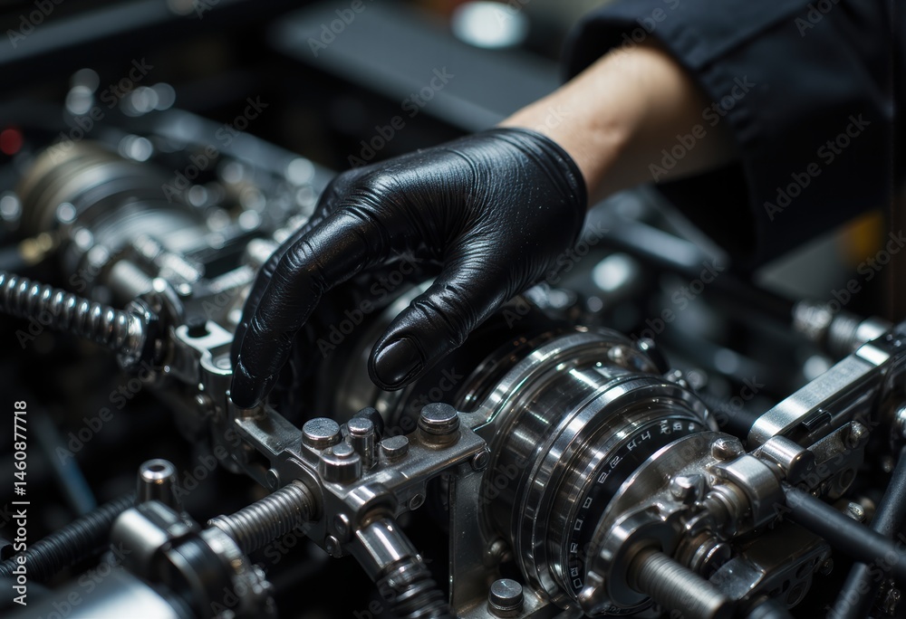 Fototapeta premium Hand in a black glove adjusting a mechanical component in a workshop