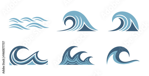 Set of stylized ocean wave illustrations for design elements.