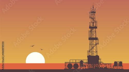 Oil rig on the shore of the southern sea. Vector illustration. Sketch for creativity.